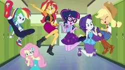 Size: 1920x1080 | Tagged: safe, derpibooru import, screencap, applejack, fluttershy, rainbow dash, rarity, sci-twi, sunset shimmer, twilight sparkle, do it for the ponygram!, equestria girls, equestria girls series, spoiler:eqg series (season 2), applejack's hat, canterlot high, clothes, converse, cowboy hat, cute, geode of fauna, geode of shielding, geode of super speed, geode of telekinesis, group photo, happy, hat, jumping, magical geodes, pencil skirt, photo, pose, selfie, shoes, shy, shyabetes, skirt, twiabetes