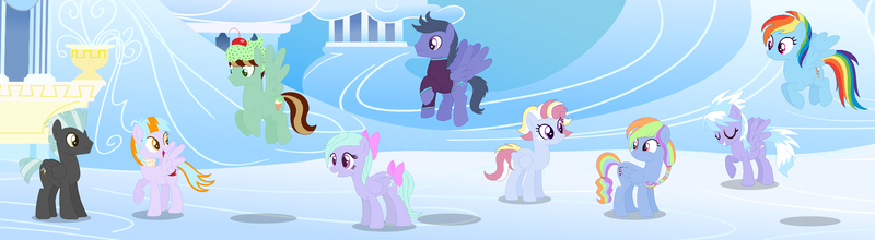 Size: 3240x892 | Tagged: safe, artist:razorbladetheunicron, derpibooru import, cloudchaser, flitter, rainbow dash, thunderlane, oc, oc:blizzard, oc:citrus surprise, oc:golden shower, oc:mint chip, oc:skyline wonder, pegasus, pony, lateverse, base used, bow, clothes, cloudsdale, female, flitterlane, group, hat, ice cream hat, jacket, lesbian, magical lesbian spawn, male, mare, next generation, offspring, parent:cloudchaser, parent:flitter, parent:rainbow dash, parent:thunderlane, parents:rainbowchaser, rainbowchaser, scarf, shipping, stallion, straight