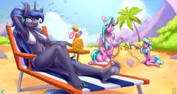 Size: 2561x1365 | Tagged: alicorn, anthro, arm behind head, armpits, artist:sugarlesspaints, barefoot, beach, beach chair, between dark and dawn, bird, breasts, busty princess luna, busty winter lotus, clothes, derpibooru import, eyeshadow, feet, female, females only, food, implied siblings, looking at you, makeup, nail polish, palm tree, pegasus, pineapple, plantigrade anthro, princess luna, sand castle, scene interpretation, smiling, sugar stix, suggestive, summer, sunglasses, swimsuit, tender brush, toe ring, tree, two piece swimsuit, winter lotus, young