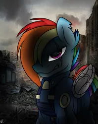 Size: 3800x4800 | Tagged: safe, artist:tobyqu33n123, derpibooru import, rainbow dash, pegasus, pony, alternate timeline, amputee, angry, apocalypse dash, artificial wings, augmented, building, clothes, crystal war timeline, eye scar, female, gritted teeth, mare, prosthetic limb, prosthetic wing, prosthetics, scar, torn ear, wings