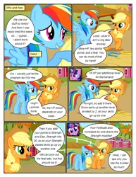 Size: 612x792 | Tagged: safe, artist:newbiespud, derpibooru import, edit, edited screencap, screencap, applejack, rainbow dash, twilight sparkle, earth pony, pegasus, pony, unicorn, comic:friendship is dragons, fall weather friends, annoyed, barn, comic, dialogue, female, freckles, frown, grin, hat, haystack, horseshoes, mare, raised hoof, screencap comic, smiling, unicorn twilight