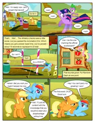 Size: 612x792 | Tagged: safe, artist:newbiespud, derpibooru import, edit, edited screencap, screencap, applejack, fluttershy, rainbow dash, spike, twilight sparkle, dragon, earth pony, pegasus, pony, unicorn, comic:friendship is dragons, fall weather friends, angry, barrel, chalk drawing, comic, contest, dialogue, flower, flying, freckles, hat, looking up, male, prone, riding, running, scoreboard, screencap comic, traditional art, unicorn twilight