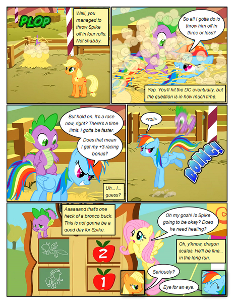 Size: 612x792 | Tagged: safe, artist:newbiespud, derpibooru import, edit, edited screencap, screencap, applejack, fluttershy, rainbow dash, spike, dragon, earth pony, pegasus, pony, comic:friendship is dragons, fall weather friends, chalk drawing, comic, dialogue, dust, eyes closed, female, freckles, grin, hat, haystack, kicking, male, mare, onomatopoeia, rearing, riding, scoreboard, screencap comic, slit eyes, smiling, traditional art, unamused