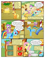 Size: 612x792 | Tagged: safe, artist:newbiespud, derpibooru import, edit, edited screencap, screencap, applejack, fluttershy, rainbow dash, spike, dragon, earth pony, pegasus, pony, comic:friendship is dragons, fall weather friends, chalk drawing, comic, dialogue, dust, eyes closed, female, freckles, grin, hat, haystack, kicking, male, mare, onomatopoeia, rearing, riding, scoreboard, screencap comic, slit eyes, smiling, traditional art, unamused