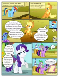 Size: 612x792 | Tagged: safe, artist:newbiespud, derpibooru import, edit, edited screencap, screencap, amethyst star, applejack, bon bon, derpy hooves, minuette, rainbow dash, rarity, spike, sweetie drops, twilight sparkle, dragon, pony, unicorn, comic:friendship is dragons, fall weather friends, ..., angry, background pony, comic, dialogue, female, flying, freckles, glowing horn, hat, horn, looking up, magic, male, mare, mouth hold, mud, raised hoof, riding, screencap comic, scroll, stick, telekinesis, tug of war, unicorn twilight