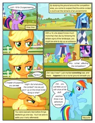 Size: 612x792 | Tagged: safe, artist:newbiespud, derpibooru import, edit, edited screencap, screencap, applejack, berry punch, berryshine, lemon hearts, lyra heartstrings, meadow song, rainbow dash, spike, twilight sparkle, dragon, earth pony, pegasus, pony, unicorn, comic:friendship is dragons, fall weather friends, angry, background pony, comic, cup, dialogue, female, flying, freckles, frown, hat, hoof hold, male, mare, riding, screencap comic, stallion, stick, suspicious, tent, unicorn twilight