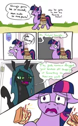 Size: 638x1031 | Tagged: safe, artist:jargon scott, derpibooru import, queen chrysalis, twilight sparkle, changeling, changeling queen, pony, unicorn, bag, bags under eyes, comic, dialogue, eyes closed, female, floppy ears, food, horrified, implied chrysarmordance, implied shipping, mare, meme, mom's spaghetti, onomatopoeia, pasta, raised hoof, saddle bag, scared, smiling, spaghetti, unicorn twilight, vietnam flashback, wide eyes