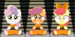 Size: 3460x1750 | Tagged: safe, artist:spellboundcanvas, deleted from derpibooru, derpibooru import, apple bloom, scootaloo, sweetie belle, pony, blushing, clothes, crying, cute, cutie mark crusaders, embarrassed, horn, horn cap, magic suppression, nervous, prison, prison outfit, prisoner, sad