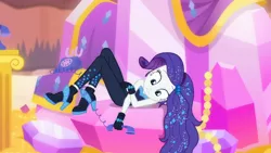 Size: 1920x1080 | Tagged: safe, derpibooru import, screencap, rarity, do it for the ponygram!, equestria girls, equestria girls series, the other side, spoiler:eqg series (season 2), bare shoulders, blooper, bodysuit, clothes, cute, female, gloves, high heels, phone, raribetes, rotary phone, shoes, sleeveless, solo, strapless, tangled up, telephone cord, the other side bloopers, unitard