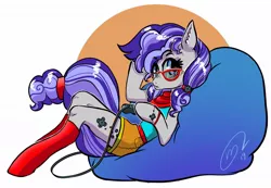 Size: 1024x708 | Tagged: adorkable, anthro, anthro oc, arm hooves, artist:opalacorn, bandana, bean bag chair, clothes, controller, cute, derpibooru import, dork, female, gamer, glasses, hoof hold, mare, oc, oc:cinnabyte, safe, simple background, socks, unguligrade anthro, unofficial characters only, white background