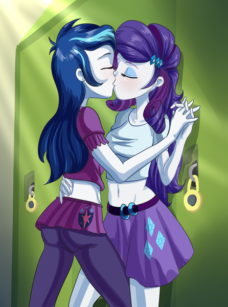 Size: 1524x2048 | Tagged: safe, artist:thebrokencog, derpibooru import, rarity, shining armor, equestria girls, alumna gleaming shield, ass, belly button, belt, breasts, butt, clothes, commission, commissioner:alkonium, cutie mark, cutie mark on clothes, equestria guys, female, gleaming shield, half r63 shipping, holding hands, infidelity, infidelity armor, kissing, leggings, lesbian, lockers, male, midriff, miniskirt, pleated skirt, rariarmor, rarigleam, rule 63, shipping, skirt, straight, thighs