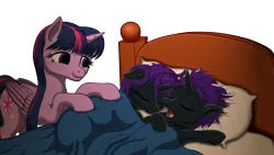 Size: 1920x1080 | Tagged: safe, artist:vasillium, derpibooru import, twilight sparkle, twilight sparkle (alicorn), oc, oc:nox (rule 63), oc:nyx, alicorn, pony, adorable face, adorkable, alicorn oc, bed, bedroom, bedsheets, blanket, brother, brother and sister, closed mouth, colt, cute, cutie mark, daughter, diabetes, dork, eyelashes, eyes closed, eyes open, family, female, filly, happy, heartwarming, horn, indoors, laying on bed, laying on stomach, like mother like daughter, like mother like son, looking, lying down, male, mare, mother, mother and child, mother and daughter, mother and son, motherly love, nostrils, nyxabetes, on back, on bed, one hoof raised, open mouth, parent and child, parent and foal, pillow, prince, princess, r63 paradox, royalty, rule 63, rule63betes, self paradox, self ponidox, siblings, simple background, sister, sleeping, sleeping together, sleepy, smiling, snoring, son, stars, sweet, tired, transparent background, tucking in, twins, wall of tags, wings, yawn