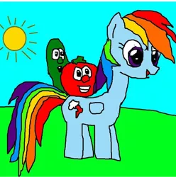 Size: 720x727 | Tagged: safe, deleted from derpibooru, derpibooru import, rainbow dash, pony, 1000 hours in ms paint, bob the tomato, drawn together, grass, larry the cucumber, ms paint, ms paint adventures, sky, smiling, sun, veggietales, wat
