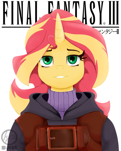 Size: 1600x2000 | Tagged: anthro, artist:jessesmash32, bust, clothes, crossover, derpibooru import, final fantasy, final fantasy iii, safe, smiling, solo, sunset shimmer, sweater