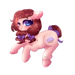 Size: 1280x1280 | Tagged: safe, artist:moon-rose-rosie, derpibooru import, oc, oc:chocolate sprinkles, unofficial characters only, earth pony, pony, chest fluff, ear fluff, looking at you, offspring, one eye closed, parent:cheese sandwich, parent:pinkie pie, parents:cheesepie, ribbon, simple background, solo, transparent background