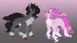 Size: 1195x669 | Tagged: safe, artist:teatoffee, derpibooru import, oc, unofficial characters only, classical unicorn, pegasus, pony, unicorn, brother and sister, chest fluff, cloven hooves, colored hooves, curved horn, duo, fangs, female, gradient background, horn, leonine tail, male, not cadance, not sombra, offspring, parent:king sombra, parent:princess cadance, parents:somdance, red eyes, siblings, unshorn fetlocks