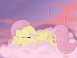 Size: 2834x2125 | Tagged: safe, artist:jubyskylines, derpibooru import, fluttershy, pegasus, pony, cloud, colored wings, colored wingtips, cute, eyes closed, female, floppy ears, folded wings, mare, on a cloud, prone, rainbow, shyabetes, sky, sleeping, solo, wings