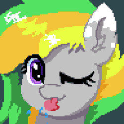 Size: 384x384 | Tagged: safe, artist:bitassembly, derpibooru import, oc, oc:odd inks, unofficial characters only, pegasus, pony, animated, bust, cute, female, mare, one eye closed, pixel art, portrait, raspberry, silly face, simple background, solo, tongue out, wink