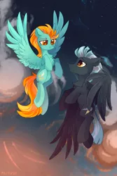 Size: 1920x2881 | Tagged: safe, artist:mirtash, derpibooru import, lightning dust, thunderlane, pegasus, pony, cloud, cloudy, cutie mark, female, flying, looking at each other, male, mare, rcf community, shipping, sky, stallion, stars, straight, thunderdust