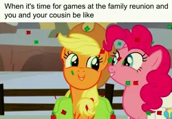 Size: 1366x945 | Tagged: applejack, bag, confetti, cousins, derpibooru import, duo, edit, edited screencap, family reunion, hearthbreakers, pinkie pie, saddle bag, safe, screencap, text, this will end in fun, when