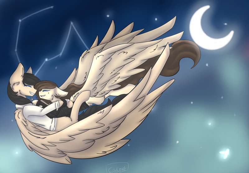 Size: 4051x2812 | Tagged: safe, artist:littlesmolartist, derpibooru import, oc, oc:ali, oc:andrea, pegasus, pony, clothes, constellation, ear fluff, female, flying, hoodie, hug, large wings, male, mare, moon, night, smiling, stallion, stars, wings