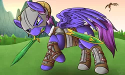 Size: 4000x2400 | Tagged: safe, artist:noctaliansfw, derpibooru import, oc, oc:diode, dragon, pegasus, pony, armor, skyrim, solo, sword, the elder scrolls, weapon