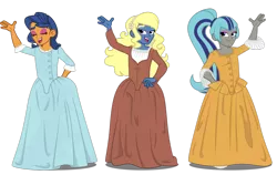 Size: 1280x854 | Tagged: safe, artist:tsabak, derpibooru import, oc, oc:azure/sapphire, oc:cold front, oc:disty, unofficial characters only, equestria girls, broadway, crossdressing, femboy, hamilton, male, the schuyler sisters