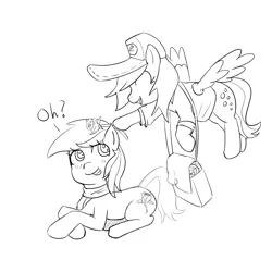 Size: 1600x1600 | Tagged: safe, artist:tenklop, derpibooru import, derpy hooves, roseluck, earth pony, pegasus, pony, /mlp/, derpyluck, dialogue, female, flower, flying, hat, lesbian, mare, mlpg, monochrome, rose, shipping, simple background, white background