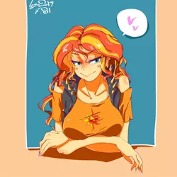 Size: 1000x1000 | Tagged: safe, artist:sozglitch, derpibooru import, sunset shimmer, equestria girls, equestria girls series, bedroom eyes, big breasts, blushing, breasts, busty sunset shimmer, female, heart, looking at you, smiling, solo