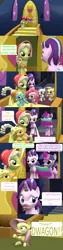 Size: 1920x7560 | Tagged: safe, artist:red4567, derpibooru import, applejack, fluttershy, granny smith, pinkie pie, rainbow dash, rarity, starlight glimmer, twilight sparkle, twilight sparkle (alicorn), alicorn, pony, comic:i must regress, 3d, 5-year-old, adult, age progression, age regression, book, comic, female, filly, filly fluttershy, filly pinkie pie, filly rainbow dash, filly rarity, horn, implied spike, mane six, source filmmaker, spell gone wrong, twilight's castle, young granny smith, younger