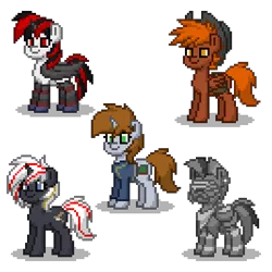 Size: 400x400 | Tagged: safe, artist:venombronypl, derpibooru import, oc, oc:blackjack, oc:calamity, oc:littlepip, oc:steelhooves, oc:velvet remedy, unofficial characters only, cyborg, earth pony, pegasus, pony, unicorn, fallout equestria, fallout equestria: project horizons, fanfic, pony town, applejack's rangers, armor, augmented, clothes, cowboy hat, cyber legs, dashite, fanfic art, female, gun, hat, hooves, horn, level 2 (project horizons), male, mare, pipbuck, pixel art, power armor, simple background, stallion, steel ranger, transparent background, vault suit, weapon, wings