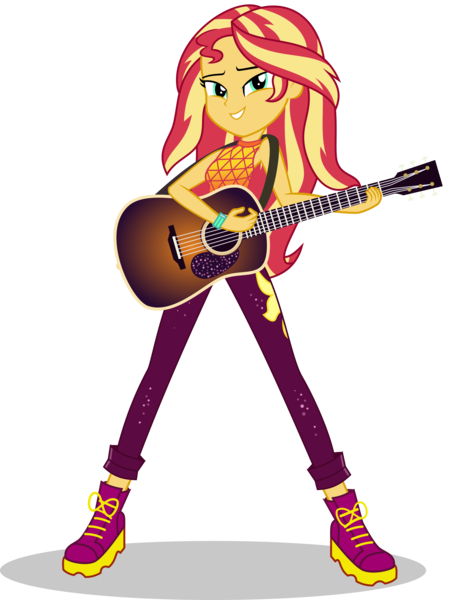 Size: 5000x6580 | Tagged: safe, artist:keronianniroro, derpibooru import, sunset shimmer, equestria girls, equestria girls series, let it rain, spoiler:eqg series (season 2), absurd resolution, clothes, cute, cutie mark, cutie mark on clothes, female, guitar, musical instrument, pants, simple background, solo, transparent background, vector