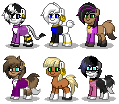 Size: 400x350 | Tagged: safe, artist:venombronypl, derpibooru import, shelly, pony, pony town, anne, bella ferrari, high tail hall, hth, jezzel, rio davis, simple background, tanya winters