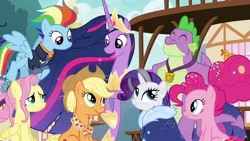 Size: 1280x720 | Tagged: safe, derpibooru import, screencap, applejack, fluttershy, pinkie pie, princess twilight 2.0, rainbow dash, rarity, spike, twilight sparkle, twilight sparkle (alicorn), alicorn, dragon, earth pony, pegasus, pony, unicorn, the last problem, all is well, alternate hairstyle, applejack's hat, bags under eyes, best friends, candy, clothes, cowboy hat, crown, ethereal mane, eyes closed, eyeshadow, female, flowing mane, flying, folded wings, food, freckles, fur coat, gigachad spike, granny smith's scarf, hat, hoof shoes, jewelry, lollipop, makeup, male, mane seven, mane six, mare, older, older applejack, older fluttershy, older mane seven, older mane six, older pinkie pie, older rainbow dash, older rarity, older spike, older twilight, ponyville, poofy mane, raised hoof, regalia, royal advisor, rubber duck, singing, skunk stripe, smiling, spread wings, stetson, the magic of friendship grows, time skip, uniform, wall of tags, wings, wonderbolts uniform