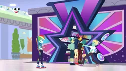 Size: 1280x720 | Tagged: safe, derpibooru import, screencap, desert sage, mile hill, orange sunrise, rainbow dash, waldo whereabout, zephyr breeze, equestria girls, equestria girls series, holidays unwrapped, spoiler:eqg series (season 2), background human, canterlot mall, cap, clothes, converse, dashing through the mall, female, geode of super speed, hat, magical geodes, male, no socks, pants, plusplus, shoes, skirt, sneakers, socks