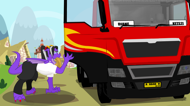 Size: 9000x5063 | Tagged: artist:dianetgx, clothes, derpibooru import, dragon, euro truck simulator 2, female, man tgx, oc, oc:diane tgx, paper bag, safe, solo, truck, truck driver