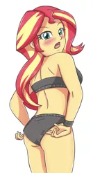 Size: 1198x2239 | Tagged: suggestive, artist:sumin6301, derpibooru import, sunset shimmer, human, equestria girls, 2d, ass, bikini, bikini bottom, bikini top, blushing, breasts, bunset shimmer, butt, clothes, embarrassed, embarrassed underwear exposure, female, g4, image, jpeg, legs, looking at you, looking back, looking back at you, looking over shoulder, open mouth, simple background, sleeveless, solo, summer sunset, swimsuit, thighs, underwear, white background, wristband