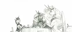 Size: 1600x718 | Tagged: safe, artist:baron engel, derpibooru import, princess celestia, princess luna, oc, oc:phoenix, alicorn, pony, unicorn, female, horn, mare, monochrome, pencil drawing, royal sisters, story included, traditional art, unicorn oc