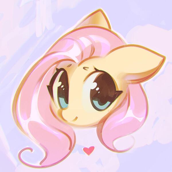 Size: 1120x1120 | Tagged: safe, artist:mirroredsea, derpibooru import, fluttershy, pegasus, pony, abstract background, bust, cute, female, floppy ears, head only, heart, looking at you, mare, portrait, shyabetes, smiling, solo