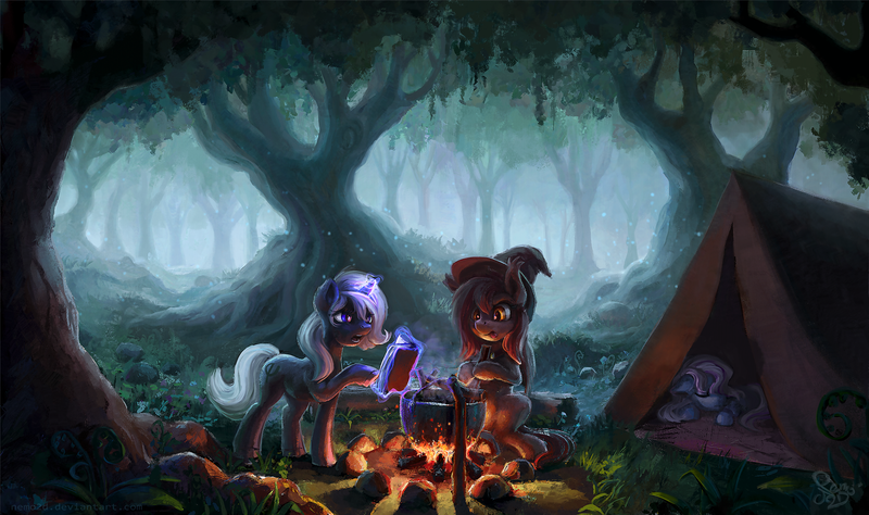 Size: 2000x1184 | Tagged: safe, artist:nemo2d, derpibooru import, oc, oc:eula phi, oc:velvet silverwing, oc:windbreaker, unofficial characters only, bat pony, pegasus, pony, unicorn, bat pony oc, bat wings, campfire, camping, cauldron, forest, hat, scenery, sleeping, tent, tree, wings, witch hat