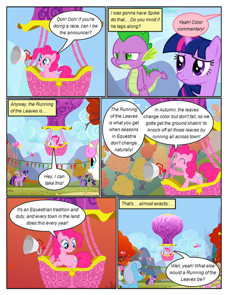 Size: 612x792 | Tagged: safe, artist:newbiespud, derpibooru import, edit, edited screencap, screencap, bon bon, carrot top, golden harvest, linky, pinkie pie, sea swirl, seafoam, shoeshine, spike, sweetie drops, twilight sparkle, twinkleshine, dragon, earth pony, pegasus, pony, unicorn, comic:friendship is dragons, fall weather friends, background pony, balloon, comic, dialogue, eyes closed, female, flying, frown, grin, hot air balloon, looking down, looking up, male, mare, megaphone, riding, screencap comic, slit eyes, smiling, tree, unamused, unicorn twilight