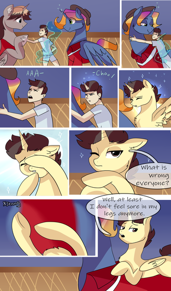 Size: 1824x3108 | Tagged: safe, artist:xjenn9fusion, author:bigonionbean, derpibooru import, oc, oc:aerial agriculture, oc:earthing elements, oc:king speedy hooves, oc:tommy the human, alicorn, human, pony, comic:fusing the fusions, comic:time of the fusions, alicorn oc, alicorn princess, canterlot, canterlot castle, child, comic, commissioner:bigonionbean, dialogue, father and child, father and son, female, fusion, fusion:aerial agriculture, fusion:earthing elements, fusion:king speedy hooves, grandparents, hat, horn, hugging a pony, human oc, human to pony, husband and wife, kissing, magic, male, mare, nuzzling, royalty, ruffled hair, sneezing, stallion, transformation, wings