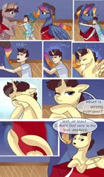 Size: 1824x3108 | Tagged: safe, artist:xjenn9fusion, author:bigonionbean, derpibooru import, oc, oc:aerial agriculture, oc:earthing elements, oc:king speedy hooves, oc:tommy the human, alicorn, human, pony, comic:fusing the fusions, comic:time of the fusions, alicorn oc, alicorn princess, canterlot, canterlot castle, child, comic, commissioner:bigonionbean, dialogue, father and child, father and son, female, fusion, fusion:aerial agriculture, fusion:earthing elements, fusion:king speedy hooves, grandparents, hat, horn, hugging a pony, human oc, human to pony, husband and wife, kissing, magic, male, mare, nuzzling, royalty, ruffled hair, sneezing, stallion, transformation, wings