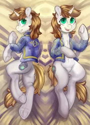 Size: 1200x1680 | Tagged: safe, artist:hobbes-maxwell, derpibooru import, oc, oc:littlepip, unofficial characters only, pony, semi-anthro, unicorn, fallout equestria, fanfic, body pillow, body pillow design, bottle, butt, clothes, fanfic art, female, grin, hooves, horn, human shoulders, lying down, mare, open mouth, pipbuck, plot, smiling, solo, stable-tec, vault suit