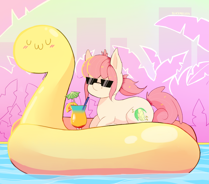 Size: 1700x1500 | Tagged: safe, artist:blackmaila, derpibooru import, oc, oc:hopple scotch, unofficial characters only, earth pony, pony, alcohol, cocktail, cocktail umbrella, commission, female, floaty, inflatable, inflatable toy, mare, pool toy, solo, sunglasses, swimming pool, uwu, ych result