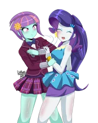 Size: 3999x5001 | Tagged: safe, artist:danmakuman, derpibooru import, rarity, sunny flare, equestria girls, equestria girls series, abuse, angry, blushing, breasts, busty rarity, clothes, crystal prep academy uniform, duo, duo female, eyes closed, eyeshadow, female, legs, makeup, miniskirt, ouch, pleated skirt, raribuse, school uniform, simple background, skirt, slap, thighs, transparent background