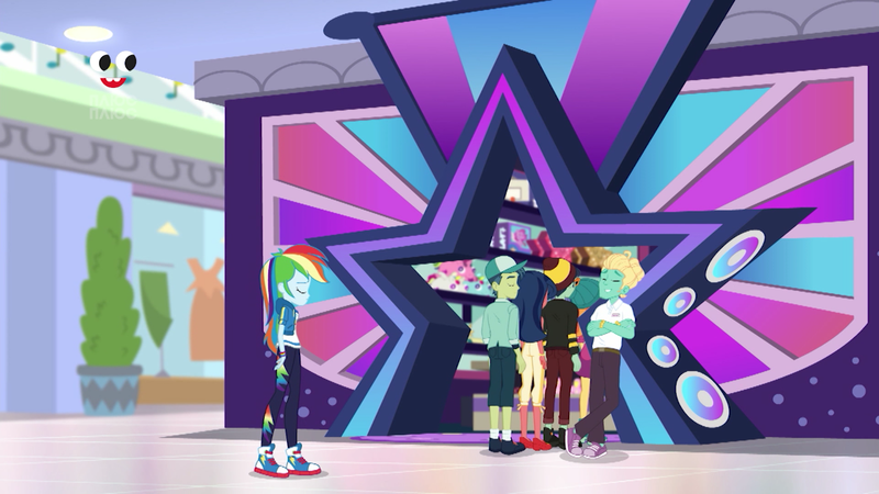 Size: 1280x720 | Tagged: safe, derpibooru import, screencap, desert sage, mile hill, orange sunrise, rainbow dash, waldo whereabout, zephyr breeze, equestria girls, equestria girls series, holidays unwrapped, spoiler:eqg series (season 2), background human, canterlot mall, cap, clothes, converse, dashing through the mall, eyes closed, female, geode of super speed, hat, magical geodes, male, no socks, pants, plusplus, shoes, skirt, sneakers, socks