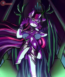 Size: 1139x1329 | Tagged: alicorn, anthro, artist:patty-plmh, breasts, busty twilight sparkle, crossed legs, derpibooru import, evil grin, female, grin, patreon, patreon logo, queen twilight, safe, sitting, smiling, solo, twilight sparkle, twilight sparkle (alicorn), tyrant sparkle, unguligrade anthro