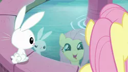 Size: 1920x1080 | Tagged: safe, derpibooru import, screencap, angel bunny, fluttershy, pony, rabbit, she talks to angel, animal, body swap, cute, duo, female, mae, mare, reflection, shyabetes, solo, tongue out, water