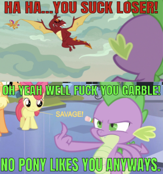 Size: 641x685 | Tagged: safe, derpibooru import, edit, edited screencap, editor:undeadponysoldier, screencap, apple bloom, applejack, flippity flop, garble, smolder, spike, dragon, earth pony, pony, equestria games (episode), sweet and smoky, comeback, dragoness, female, filly, fuck you, loser, mare, middle finger, pencil, roasted, savage, standing up for themselves, vulgar, you suck